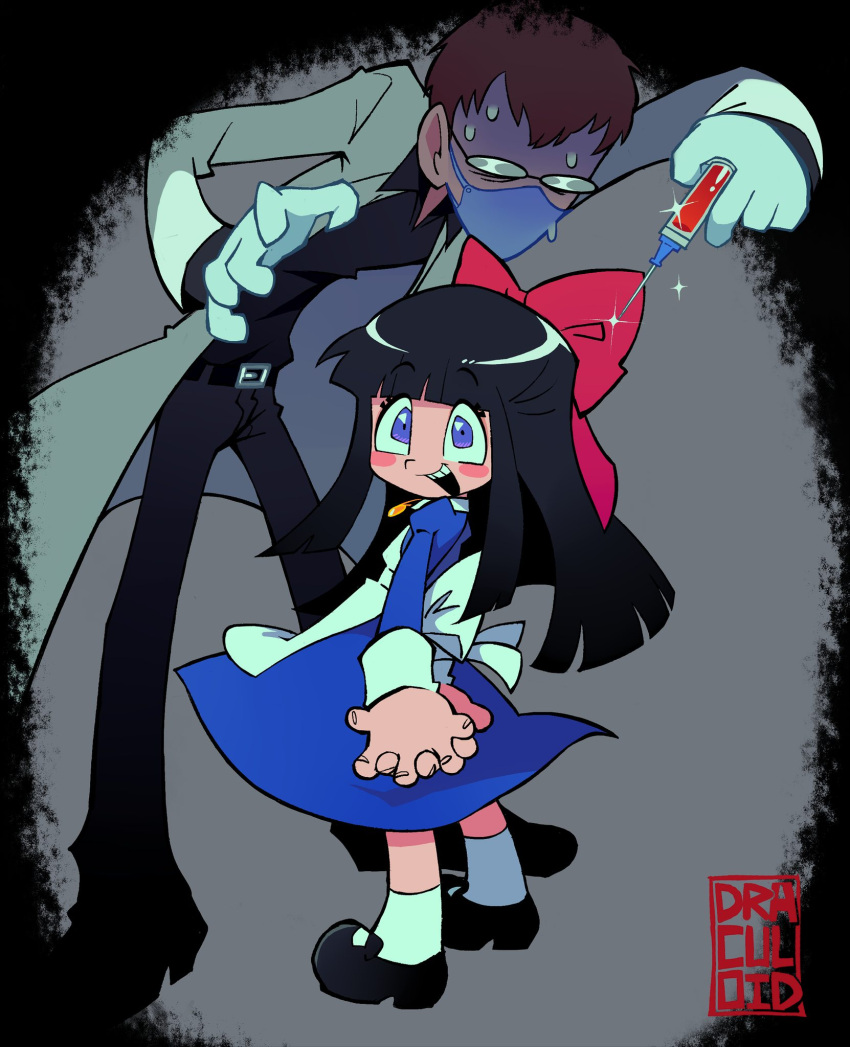 1boy 1girl alfred_drevis aya_drevis black_hair blue_dress blue_eyes blunt_bangs bow brown_hair draculoid dress father_and_daughter glasses hair_bow highres holding holding_syringe lab_coat large_bow long_hair looking_back mad_father short_hair smile syringe