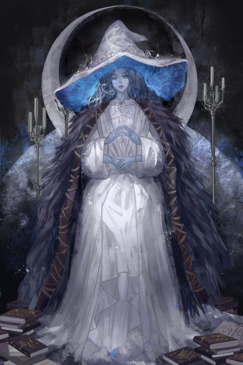 1girl absurdres blue_eyes blue_hair blue_lips blue_skin book book_stack candle candlestand chinese_commentary cloak colored_skin commentary_request cracked_skin crescent_moon elden_ring expressionless extra_arms extra_faces full_body fur_cloak hat highres looking_at_viewer moon one_eye_closed own_hands_together ranni_the_witch realistic robe sadchunchun sitting solo steepled_fingers straight-on two-sided_fabric wavy_hair white_headwear white_robe wide_sleeves witch_hat