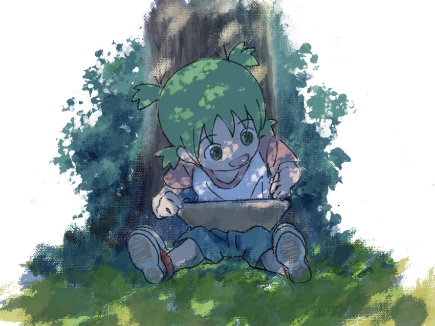 1girl :d awoi_(awoiro7) blue_shorts commentary_request drawing full_body green_eyes green_hair highres holding holding_pencil koiwai_yotsuba open_mouth outdoors pencil quad_tails raglan_sleeves shirt short_hair short_sleeves shorts sitting smile solo t-shirt tree yotsubato!