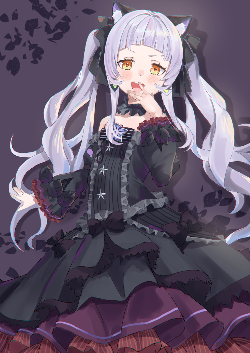 1girl absurdres animal_ears arched_bangs arm_at_side bare_shoulders black_dress black_sleeves blush bow brooch cat_ears center_frills chamaru5963 commentary covering_mouth detached_sleeves dress dress_bow earrings frilled_dress frilled_ribbon frills gothic_lolita grey_hair hair_ribbon hand_over_own_mouth highres hololive jewelry layered_dress lolita_fashion long_hair looking_at_viewer murasaki_shion murasaki_shion_(5th_costume) official_alternate_costume official_alternate_hairstyle ojou-sama_pose pinstripe_dress pinstripe_pattern ribbon sidelocks sleeveless sleeveless_dress smug solo star_(symbol) star_brooch strapless strapless_dress striped triangle_earrings twintails v-shaped_eyebrows virtual_youtuber wavy_hair yellow_eyes
