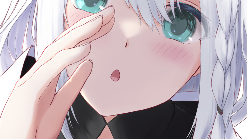 1girl blush close-up commentary_request extra_ears fox_girl green_eyes hair_between_eyes hololive looking_at_viewer open_mouth shirakami_fubuki shirata98 solo virtual_youtuber white_hair