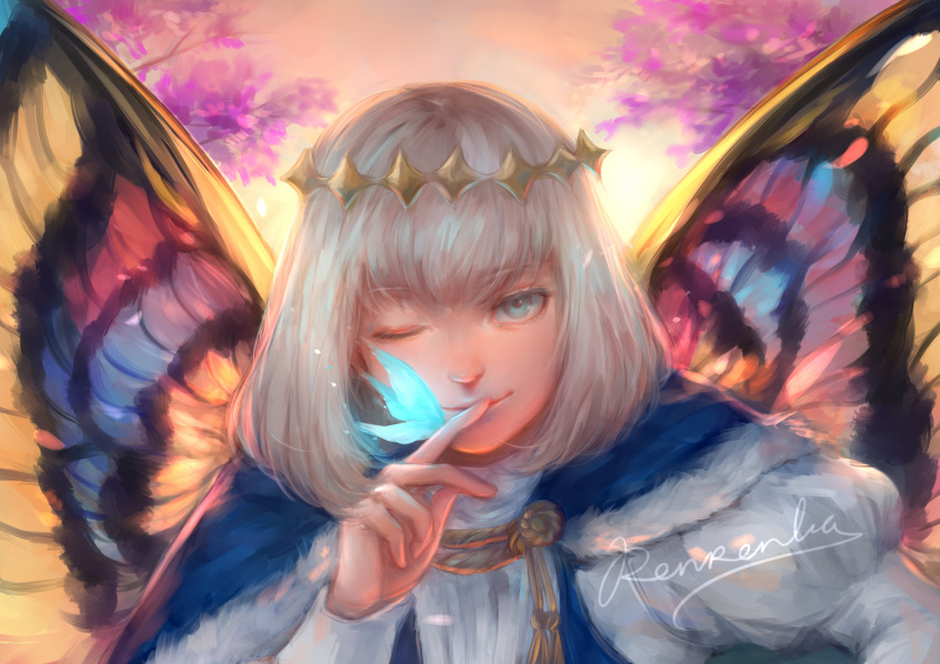 1boy absurdres blue_butterfly blue_cape blue_eyes bug butterfly butterfly_on_hand butterfly_wings cape closed_mouth diamond_hairband fate/grand_order fate_(series) fur-trimmed_cape fur_trim grey_hair highres juliet_sleeves long_hair long_sleeves male_focus oberon_(fate) one_eye_closed puffy_sleeves renrenkaaa shirt short_hair signature smile solo upper_body white_shirt wings