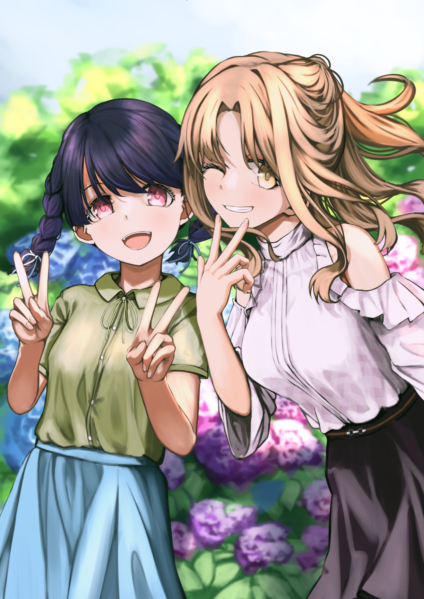 2girls absurdres black_hair black_skirt blue_skirt braid brown_eyes brown_hair clearline commentary_request double_v flower fukumaru_koito green_shirt grin highres ichikawa_hinana idolmaster idolmaster_shiny_colors long_hair looking_at_viewer multiple_girls off-shoulder_shirt off_shoulder one_eye_closed open_mouth ponytail shirt short_sleeves skirt smile swept_bangs twin_braids twintails v violet_eyes wide_sleeves