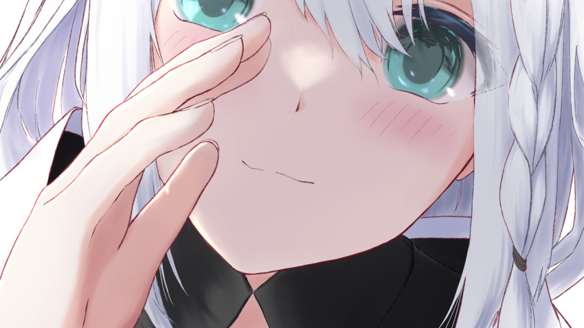 1girl blush close-up commentary_request extra_ears fox_girl green_eyes hair_between_eyes hololive looking_at_viewer shirakami_fubuki shirata98 smile solo virtual_youtuber white_hair