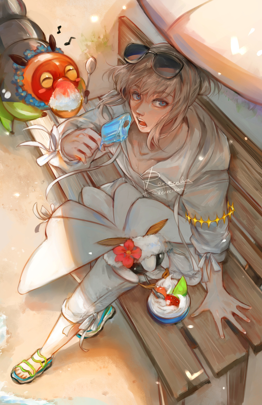 1boy absurdres bench blanca_(fate) blue_eyes blush_stickers brown_hair caterpillar coat eyelashes eyewear_on_head fate/grand_order fate_(series) flower food fruit hibiscus highres holding holding_food holding_popsicle holding_spoon ice_cream lime_(fruit) lime_slice long_sleeves male_focus musical_note oberon_(fate) open_mouth pants popsicle renrenkaaa sandals shaved_ice signature sitting solo spoon strawberry sunglasses white_coat white_pants