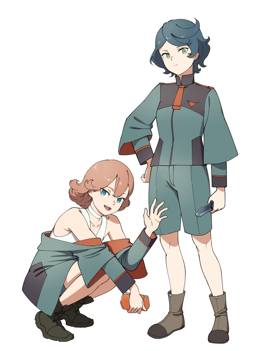 2girls asticassia_school_uniform bare_shoulders blue_eyes blue_hair boots brown_footwear choker closed_mouth full_body green_eyes green_jacket green_shorts gundam gundam_suisei_no_majo hair_between_eyes hand_on_own_hip hand_up handheld_game_console highres holding holding_handheld_game_console holding_knife jacket knife long_sleeves looking_at_viewer multiple_girls norea_du_noc off_shoulder open_mouth orange_hair school_uniform shirt short_hair shorts simple_background smile sophie_pulone squatting standing sun_4x3 white_background white_choker white_shirt wide_sleeves