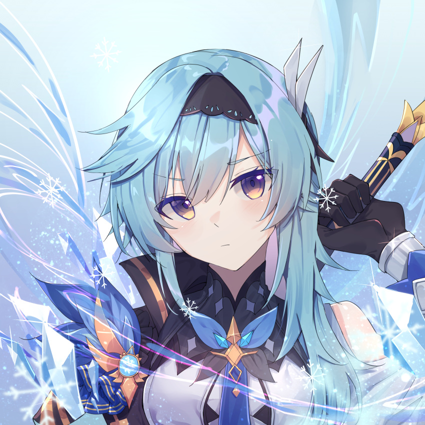1girl absurdres black_gloves black_hairband blue_hair breasts capelet closed_mouth english_commentary eula_(genshin_impact) genshin_impact gloves hairband highres holding holding_weapon ice looking_at_viewer medium_breasts shiroi_ou solo song_of_broken_pines_(genshin_impact) upper_body violet_eyes weapon weapon_on_back