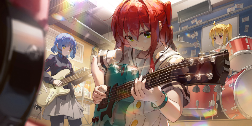 4girls absurdres ahoge bass_guitar black_pantyhose black_shirt blonde_hair blue_hair bocchi_the_rock! brown_eyes closed_mouth concentrating drum drum_set from_below glint gotoh_hitori green_eyes grey_skirt hair_between_eyes hair_ornament hair_scrunchie hairclip highres holding holding_guitar holding_instrument ijichi_nijika indoors industrial_pipe instrument kita_ikuyo lanyed_(949455243) light_particles long_hair long_sleeves mole mole_under_eye multiple_girls music one_side_up orange_eyes pantyhose playing_instrument pleated_skirt redhead scrunchie shelf shirt short_sleeves side_ponytail skirt solo_focus standing untucked_shirt vent_(object) yamada_ryo yellow_eyes yellow_scrunchie