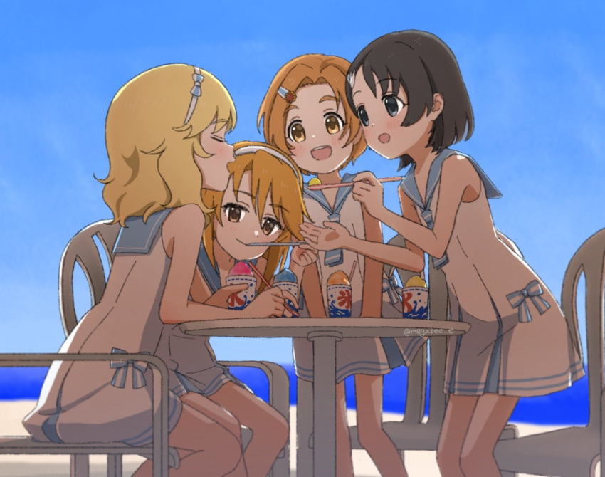 4girls arm_support beach black_eyes black_hair blonde_hair blue_neckerchief blue_sailor_collar blue_sky blush chair child closed_mouth commentary day dot_nose eating feeding flower food hair_flower hair_ornament hairband hairclip highres holding holding_spoon idolmaster idolmaster_cinderella_girls idolmaster_cinderella_girls_u149 legs looking_at_another medium_hair megabee_e multiple_girls neckerchief ocean one-piece_swimsuit open_mouth orange_eyes orange_hair outdoors parted_bangs rabbit_hair_ornament ryuzaki_kaoru sailor_collar sailor_swimsuit_(idolmaster) sakurai_momoka sasaki_chie shaved_ice short_hair sidelocks sitting sky smile spoon standing sunflower sunflower_hair_ornament swimsuit symbol-only_commentary table teeth thick_eyebrows upper_teeth_only utensil_in_mouth wavy_hair white_hairband white_one-piece_swimsuit yuuki_haru