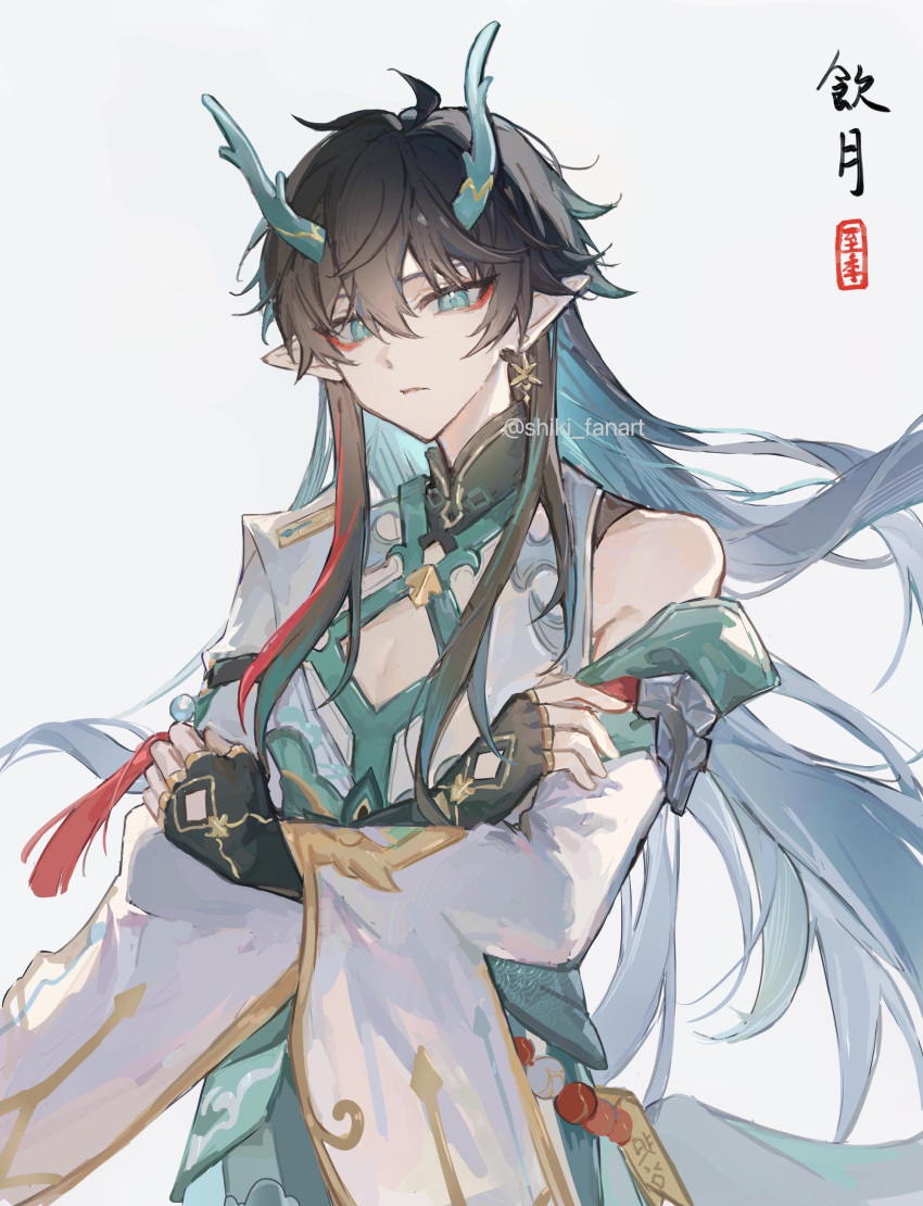 1boy absurdres aqua_eyes brown_hair chinese_clothes closed_mouth crossed_arms dan_heng_(honkai:_star_rail) dan_heng_(imbibitor_lunae)_(honkai:_star_rail) dragon_boy dragon_horns earrings expressionless highres honkai:_star_rail honkai_(series) horns jewelry long_hair looking_at_viewer male_focus official_alternate_hair_length official_alternate_hairstyle pointy_ears shiki_fanart solo twitter_username