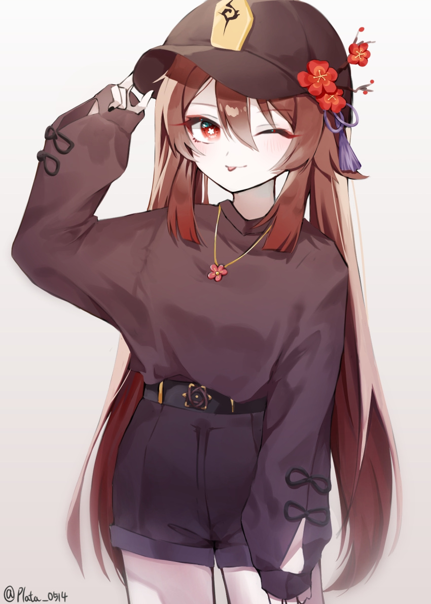 1girl ;p alternate_costume baseball_cap belt black_belt black_headwear black_nails black_shorts black_sweater bright_pupils brown_hair closed_mouth contemporary cowboy_shot flower flower-shaped_pupils flower_necklace genshin_impact hair_between_eyes hand_up hat highres hu_tao_(genshin_impact) jewelry light_blush long_hair looking_at_viewer necklace one_eye_closed orange_eyes plata_0514 shorts simple_background solo sweater sweater_tucked_in symbol-shaped_pupils tongue tongue_out twintails white_pupils