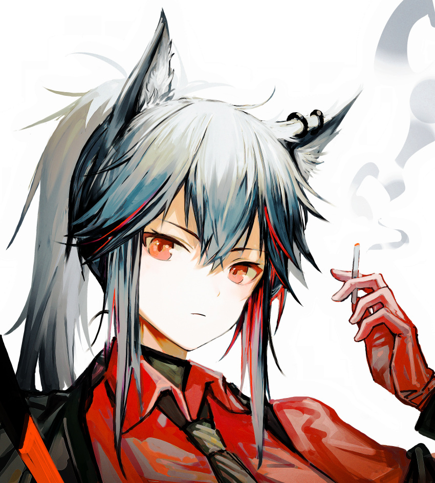 1girl absurdres arknights black_hair black_necktie cigarette closed_mouth collared_shirt gloves hair_between_eyes highres holding holding_cigarette looking_at_viewer medium_hair multicolored_hair necktie ponytail portrait red_eyes red_gloves red_shirt shirt smoke solo streaked_hair texas_(arknights) zh27