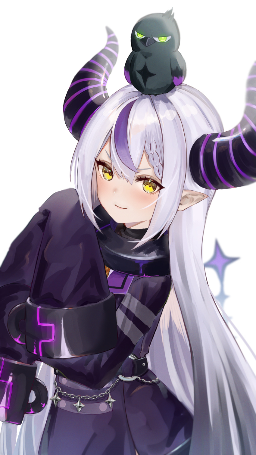 &gt;:) 1girl absurdres ahoge black_horns blush braid braided_bangs center-flap_bangs chamaru5963 closed_mouth coat collar commentary cowboy_shot crow_(la+_darknesss) cuffs demon_girl demon_horns double-parted_bangs grey_hair highres hololive horns la+_darknesss la+_darknesss_(1st_costume) long_hair looking_at_viewer metal_collar multicolored_hair pointy_ears purple_coat purple_hair sleeves_past_fingers sleeves_past_wrists slit_pupils smile solo streaked_hair tail v-shaped_eyebrows very_long_hair virtual_youtuber yellow_eyes