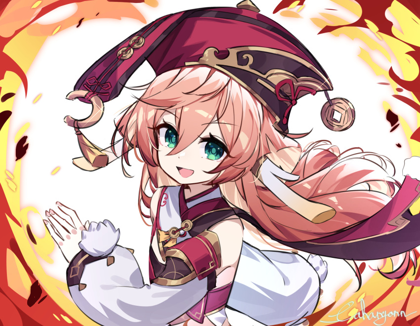 1girl :d antlers coin coin_hat_ornament detached_sleeves fire genshin_impact green_eyes hair_between_eyes hat_tassel highres holed_coin long_sleeves looking_at_viewer pink_hair red_headwear shiroi_ou signature smile solo tassel upper_body yanfei_(genshin_impact)