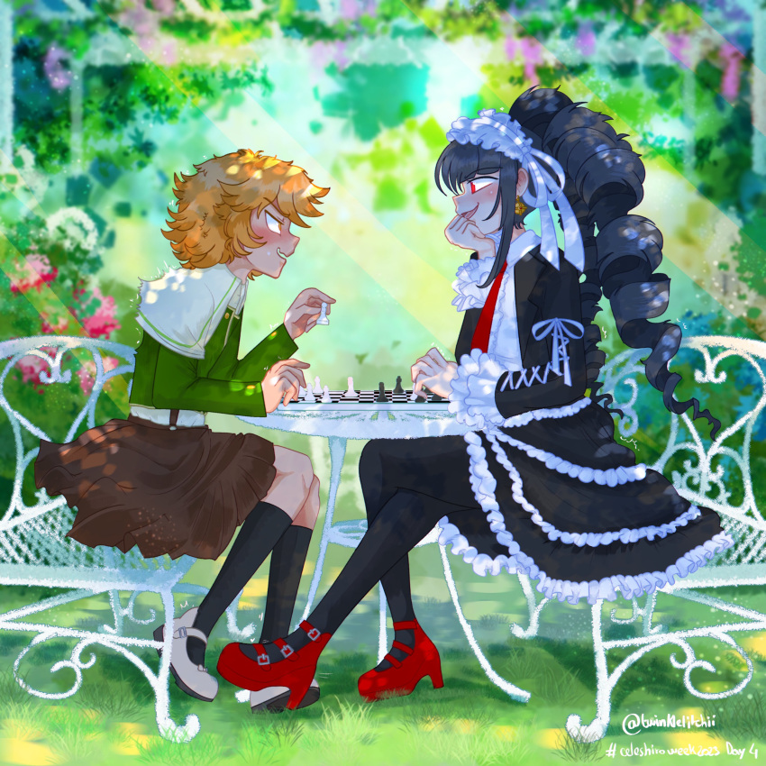 1boy 1girl :d absurdres angry artist_name black_pantyhose black_socks blurry blurry_background blush board_game brown_hair brown_skirt celestia_ludenberg center_frills chair chess chess_piece danganronpa:_trigger_happy_havoc danganronpa_(series) day drill_hair frilled_jacket frilled_skirt frills from_side fujisaki_chihiro grass green_jacket high_heels highres holding_chess_piece jacket kneehighs layered_skirt long_sleeves otoko_no_ko outdoors pantyhose playing_chess profile red_footwear shirt short_hair sitting skirt smile socks table twin_drills twinklelitchii twintails white_shirt