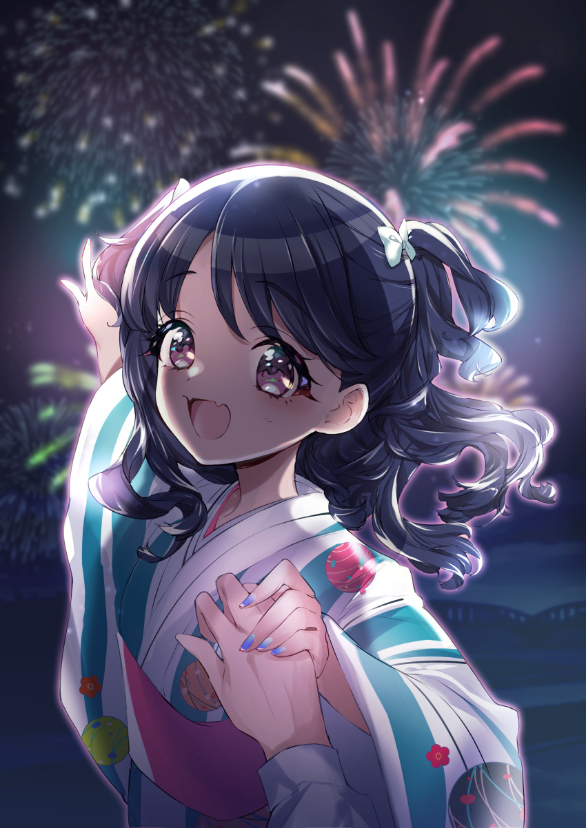 1girl absurdres black_hair blue_nails bow commentary_request fangs fireworks fukumaru_koito hair_bow hand_grab highres idolmaster idolmaster_shiny_colors japanese_clothes kimono long_hair looking_at_viewer motituki0 night night_sky open_mouth outdoors pointing pov pov_hands skin_fangs sky swept_bangs two_side_up upper_body violet_eyes yukata
