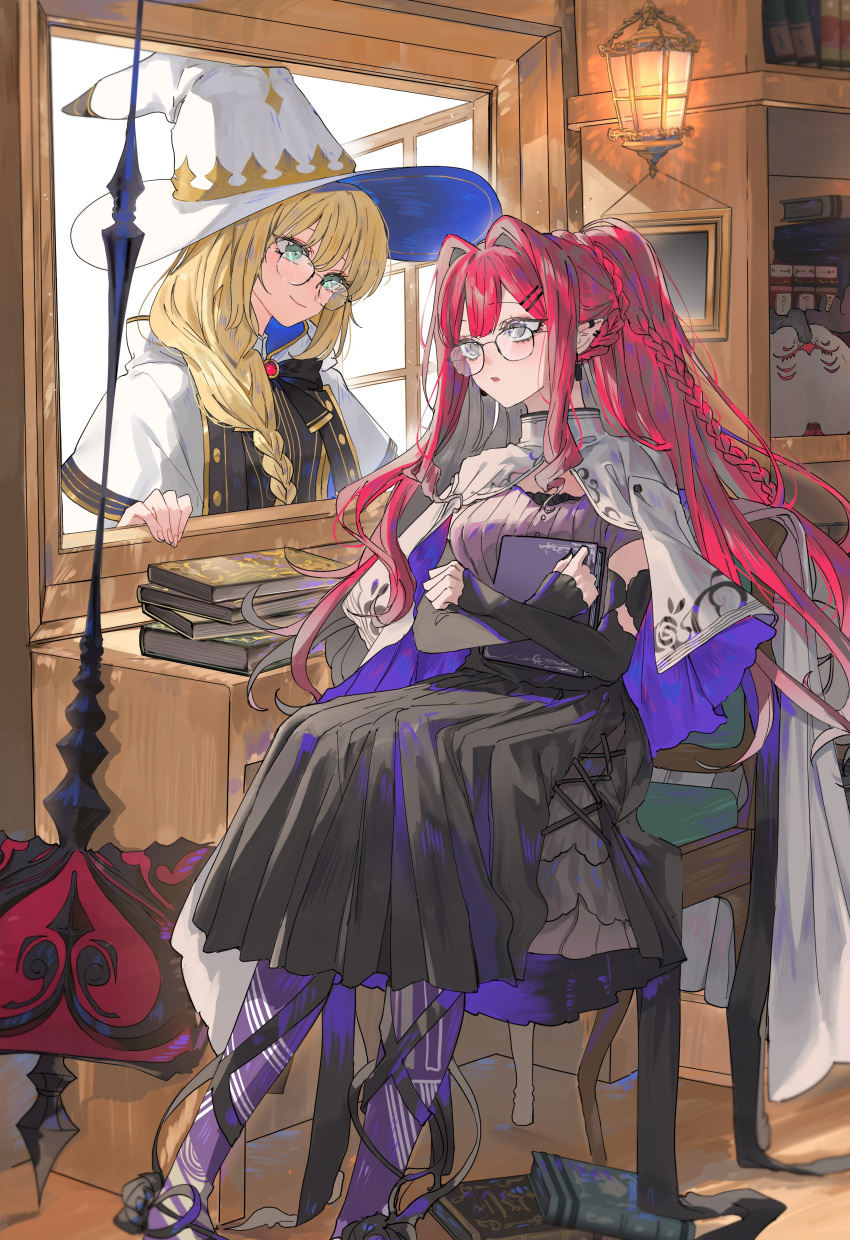 2girls absurdres alternate_costume aqua_eyes artoria_caster_(fate) artoria_pendragon_(fate) baobhan_sith_(fate) black_dress black_gloves blonde_hair book braid capelet closed_mouth dress elbow_gloves fate/grand_order fate_(series) fingerless_gloves glasses gloves grey_eyes hair_between_eyes hair_ornament hairclip hat highres holding holding_book long_hair looking_at_another multiple_girls on_chair parted_lips ponytail redhead sidelocks sitting smile standing white_capelet white_headwear window witch witch_hat wooden_floor wooden_wall yurumawari
