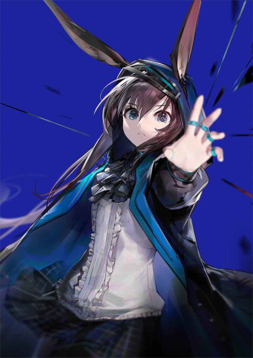 1girl amiya_(arknights) animal_ears aqua_eyes arknights ascot black_skirt blue_background blurry breasts brown_hair center_frills closed_mouth coat depth_of_field ears_through_headwear frills frown highres hood hood_up hooded_coat jewelry long_hair long_sleeves looking_at_viewer miniskirt multiple_rings open_clothes open_coat outstretched_arm rabbit_ears reaching reaching_towards_viewer ring shirt simple_background skirt small_breasts solo upper_body white_shirt yyb