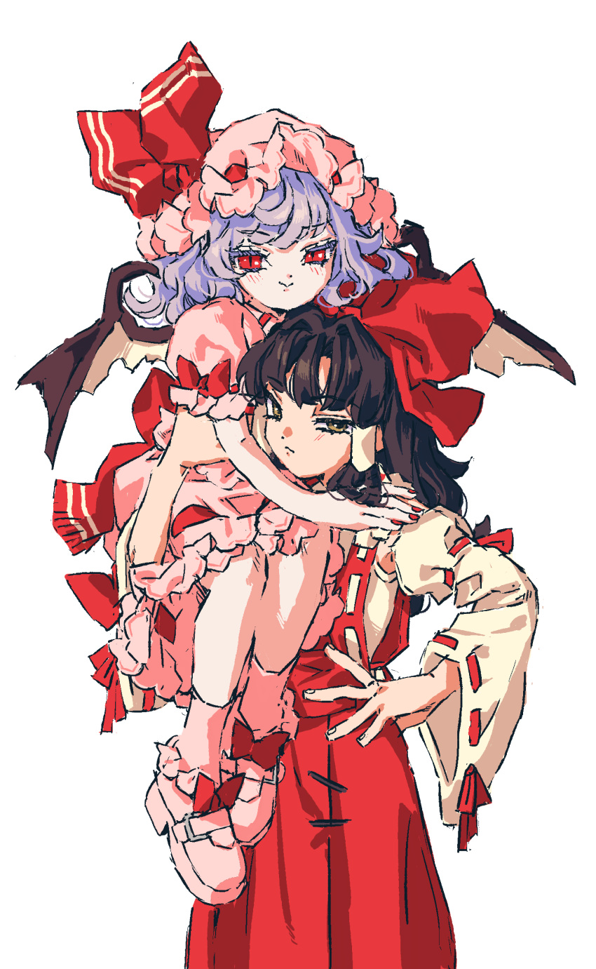 2girls :&gt; absurdres bare_arms bat_wings blue_hair bow brown_eyes brown_hair carrying_over_shoulder closed_mouth commentary_request cowboy_shot detached_sleeves dot_nose dress embodiment_of_scarlet_devil fingernails footwear_bow full_body glaring hakama hakurei_reimu half-closed_eyes hand_on_another's_shoulder hand_on_own_hip hat highres japanese_clothes legs_together long_sleeves looking_at_viewer mob_cap multiple_girls nail_polish ndasuzu_(n64qd11) open_mouth pink_dress puffy_short_sleeves puffy_sleeves red_bow red_eyes red_hakama red_nails red_skirt red_vest remilia_scarlet ribbon-trimmed_sleeves ribbon_trim short_hair short_sleeves simple_background skirt skirt_set slit_pupils standing touhou vest white_background wide_sleeves wings