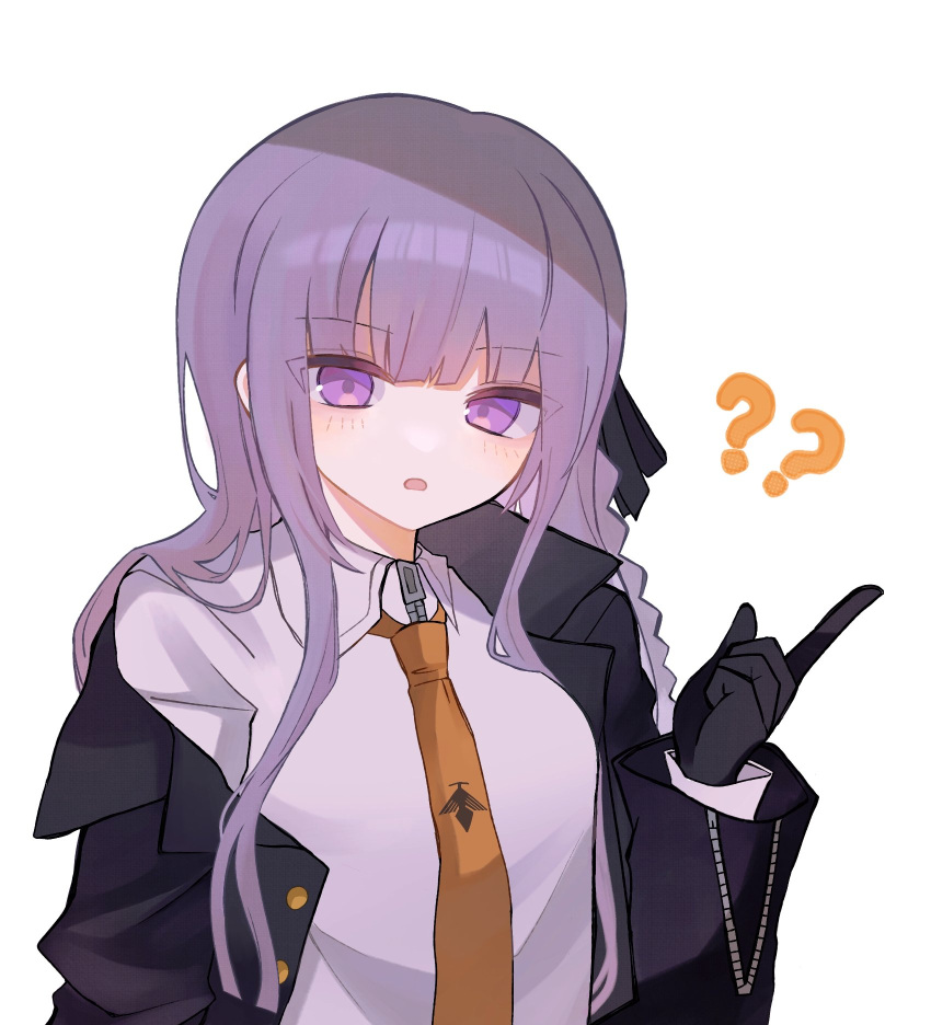 1girl ? ?? black_gloves black_jacket black_ribbon blush brown_necktie collared_shirt danganronpa:_trigger_happy_havoc danganronpa_(series) gloves hair_ribbon hand_up highres index_finger_raised jacket kirigiri_kyoko komatta_nagito long_hair necktie open_clothes open_jacket pink_eyes pink_hair ribbon shirt simple_background solo upper_body white_background white_shirt