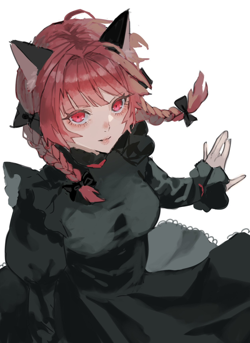 1girl animal_ear_fluff animal_ears braid breasts cat_ears closed_mouth dress green_dress highres kaenbyou_rin light_smile long_sleeves looking_at_viewer medium_breasts medium_hair nanasuou red_eyes redhead simple_background solo touhou twin_braids white_background