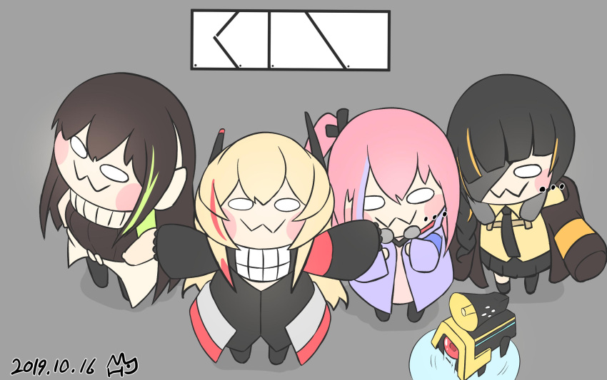 ... 4girls :3 anti-rain_(girls'_frontline) bad_id bad_pixiv_id banana_(girls'_frontline) black_hair black_necktie blonde_hair blunt_bangs blush_stickers braid brown_hair chibi closed_mouth commentary crying dated eyepatch girls_frontline gloves grey_background hair_between_eyes hair_ornament highres jacket jwh logo long_hair long_sleeves looking_at_viewer m16a1_(girls'_frontline) m4_sopmod_ii_(girls'_frontline) m4_sopmod_ii_jr m4a1_(girls'_frontline) megaphone multicolored_hair multiple_girls necktie one-eyed outstretched_arms pink_hair puddle shirt side_ponytail signature simple_background single_braid smile st_ar-15_(girls'_frontline) standing streaked_hair white_eyes wide_oval_eyes