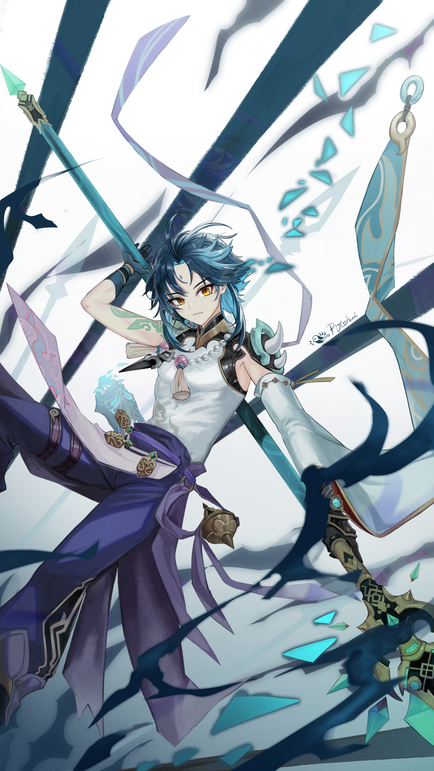 1boy absurdres aqua_hair armor bead_bracelet beads blue_pants bracelet closed_mouth detached_sleeves facial_mark forehead_mark genshin_impact highres holding holding_polearm holding_weapon jewelry looking_at_viewer male_focus pants pitohuibloodbend polearm primordial_jade_winged-spear_(genshin_impact) shirt short_hair signature simple_background single_sleeve solo spikes tassel weapon white_background white_shirt xiao_(genshin_impact) yellow_eyes