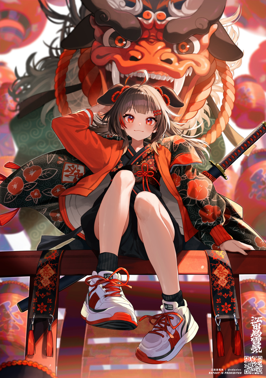 1girl absurdres ahoge animal_ears black_kimono black_shorts blush brown_hair closed_mouth dot_nose floral_print full_body hand_up highres jacket japanese_clothes katana kimono lion_dance long_hair looking_at_viewer open_clothes open_jacket orange_jacket original red_eyes ronica scabbard sheath sheathed shishimai shoes shorts sitting sneakers solo sword weapon white_footwear