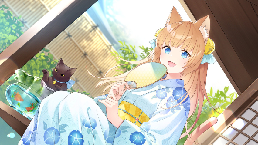 1girl :d animal_ear_fluff animal_ears bell black_cat blonde_hair blue_eyes blue_kimono cat cat_ears cat_girl cat_tail commission e_(eokiba) fish fishbowl floral_print goldfish hair_bell hair_ornament hauchiwa highres indie_virtual_youtuber japanese_clothes kimono light_brown_hair long_hair long_sleeves looking_at_viewer open_mouth sash sitting skeb_commission smile tail virtual_youtuber