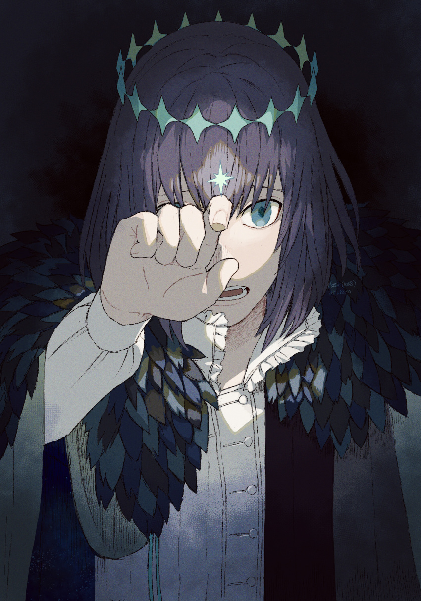 1058hoshi 1boy absurdres black_background black_hair blue_eyes collar collared_shirt dated diamond_hairband dress_shirt fate/grand_order fate_(series) fingernails frilled_collar frills highres long_sleeves male_focus oberon_(fate) oberon_(third_ascension)_(fate) one_eye_covered open_mouth shirt short_hair signature solo teeth upper_body