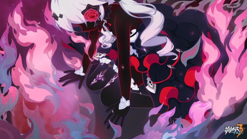 1girl bare_shoulders black_dress chinese_commentary dress flower hand_on_floor highres honkai_(series) honkai_impact_3rd kneeling logo long_hair looking_down m_legs no_eyes official_art official_wallpaper on_floor open_hands rose solo theresa_apocalypse theresa_apocalypse_(luna_kindred) twintails white_hair