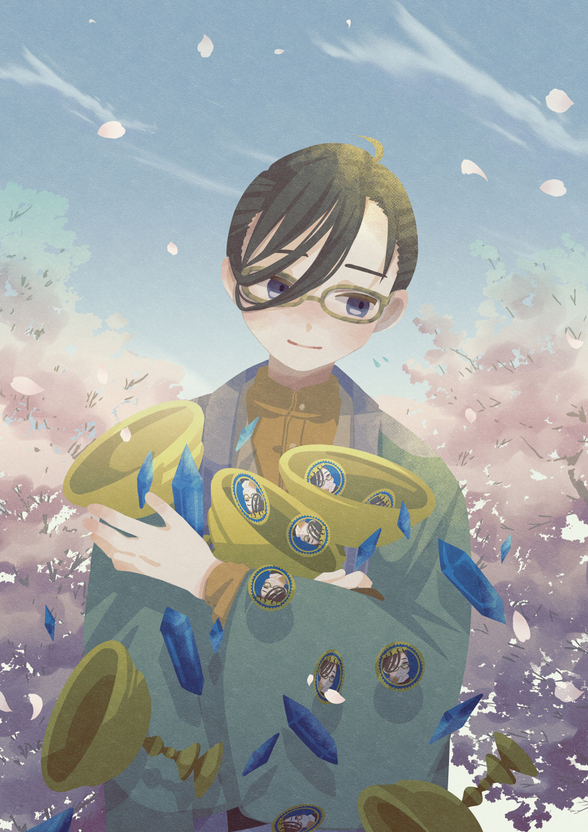 1boy blue_eyes blue_gemstone blue_sky buttons cherry_blossoms commission falling_petals fate/grand_order fate_(series) gem glasses hair_over_one_eye highres holding holy_grail_(fate) japanese_clothes long_sleeves male_focus petals short_hair skeb_commission sky smile solo tn_kn1000 too_many upper_body wide_sleeves yamanami_keisuke_(fate)