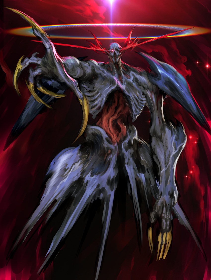 absurdres biomechanical blue_skin claws colored_skin fingernails glowing glowing_eyes gundam halo highres horror_(theme) long_fingernails mobile_suit_gundam monster monsterification one-eyed organs rainbow rainbow_halo reaching reaching_towards_viewer red_background red_eyes ribs white_skin witnesstheabsurd yellow_nails zeong