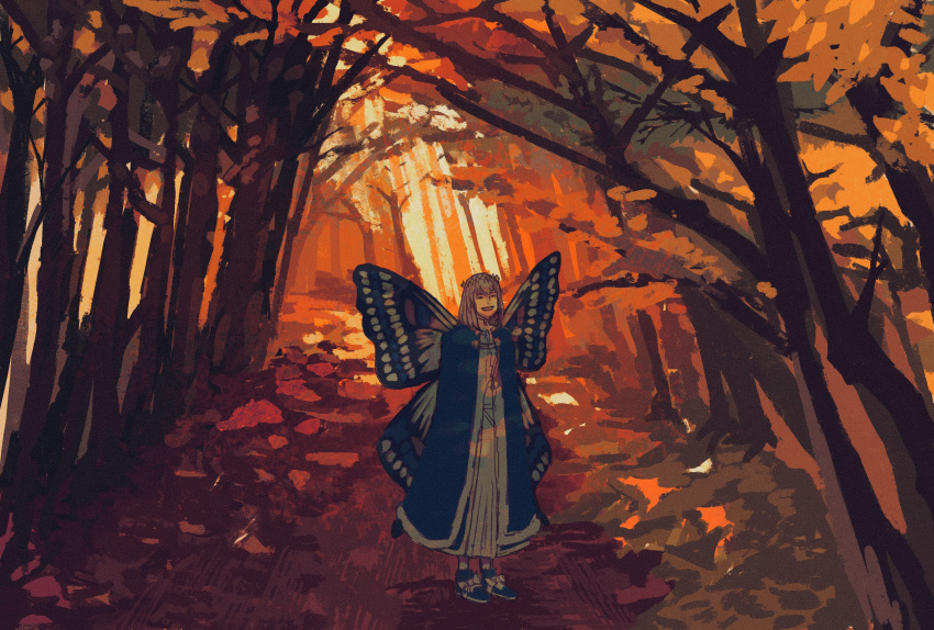 1058hoshi 1boy absurdres autumn blue_cloak blue_footwear bow butterfly_wings cloak closed_eyes dappled_sunlight diamond_hairband fate/grand_order fate_(series) footwear_bow forest fur-trimmed_cloak fur_trim grey_hair highres male_focus nature oberon_(fate) open_mouth short_hair solo sunlight wings