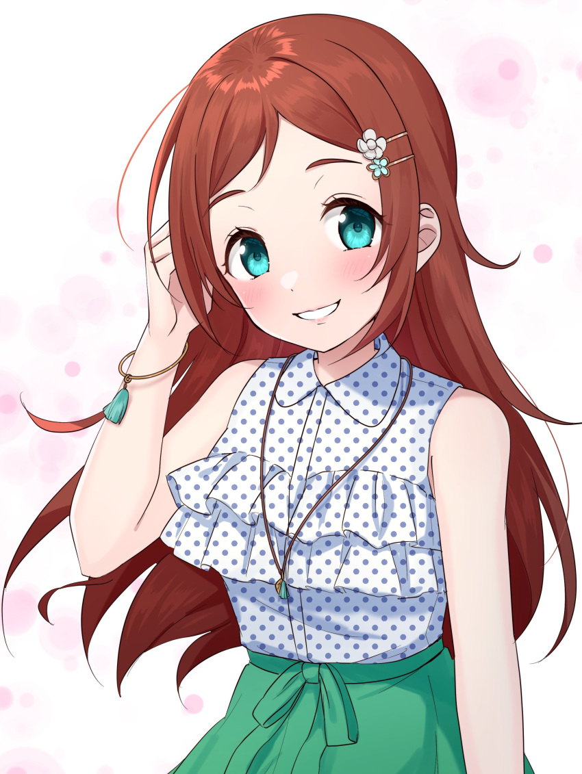 1girl absurdres aqua_eyes bare_shoulders blue_shirt bow bracelet breasts brown_hair commentary_request dot_nose frilled_shirt frills gradient_background green_bow green_eyes green_skirt hair_ornament hairclip hand_up highres idolmaster idolmaster_cinderella_girls idolmaster_cinderella_girls_starlight_stage imura_setsuna jewelry large_breasts long_hair mntt_re4 necklace open_mouth pink_background polka_dot polka_dot_shirt shirt skirt sleeveless sleeveless_shirt smile solo upper_body waist_bow