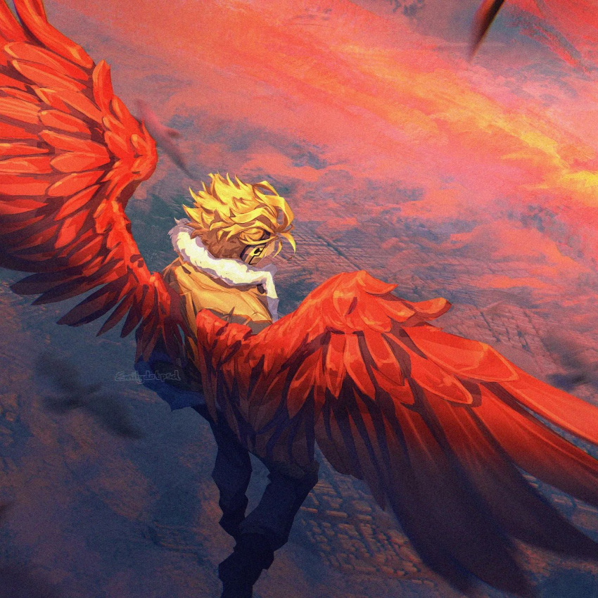 1boy above_clouds bird black_bird blonde_hair blurry blurry_foreground boku_no_hero_academia chromatic_aberration city clouds commentary cropped depth_of_field emily_ooi english_commentary falling_feathers feathered_wings feathers film_grain flying from_above from_behind full_body fur-trimmed_jacket fur_trim hawks_(boku_no_hero_academia) headphones highres instagram_username jacket jpeg_artifacts light male_focus messy_hair midair outdoors pants perspective pink_clouds red_feathers red_wings short_hair solo spread_wings sunlight twilight twitter_username wings wings_through_clothes yellow_jacket