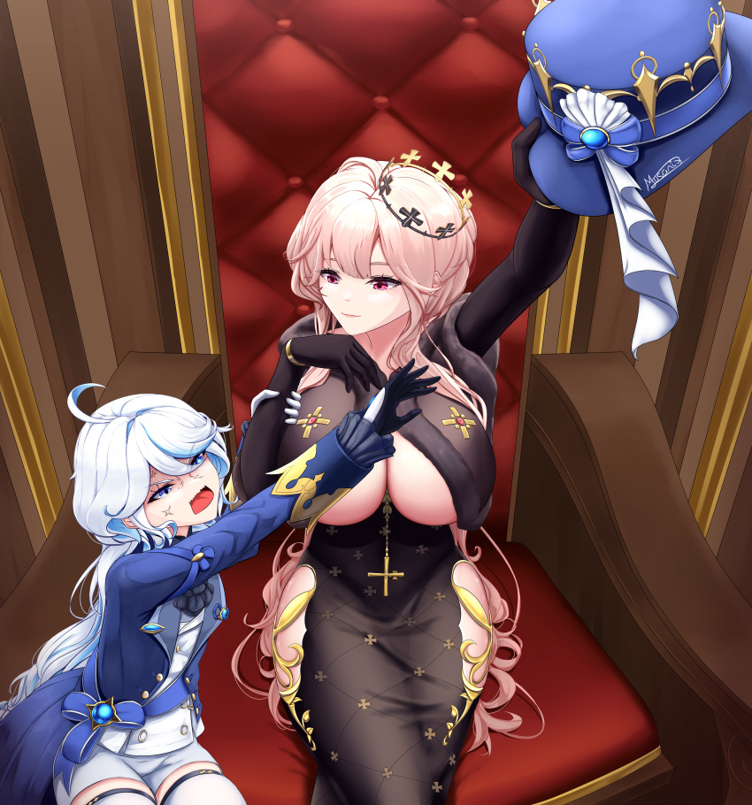 2girls absurdres azur_lane blue_hair blue_headwear breasts clemenceau_(azur_lane) cross crossover crown flat_chest furina_(genshin_impact) genshin_impact gloves hat highres hydro_symbol_(genshin_impact) large_breasts light_blue_hair mismatched_pupils multiple_girls musanix pink_hair red_eyes simple_background teasing theater_seating top_hat