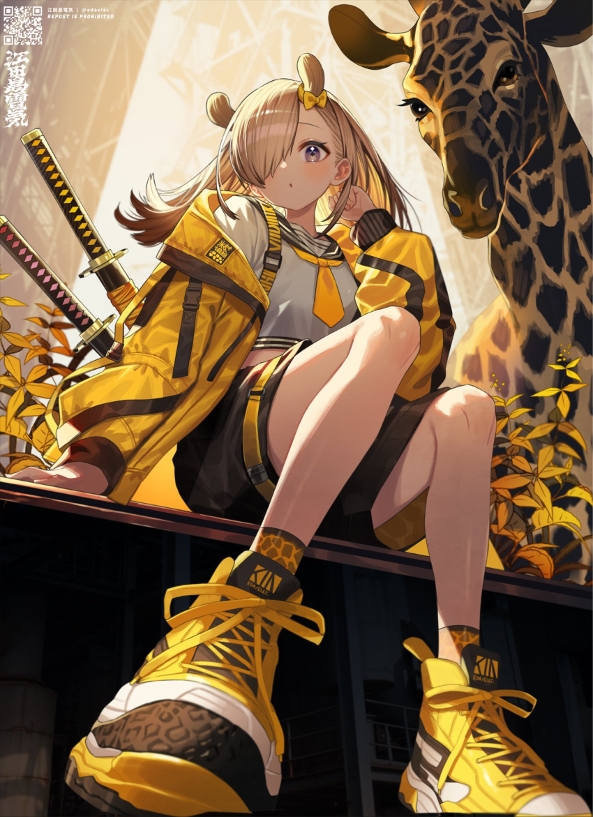 1girl artist_name black_shorts blonde_hair bow breasts brown_eyes giraffe hair_over_one_eye highres jacket long_hair long_sleeves looking_at_viewer necktie open_clothes open_jacket original parted_lips plant ronica sheath shirt shoes shorts sitting small_breasts sneakers solo sword weapon white_shirt yellow_bow yellow_footwear yellow_jacket yellow_necktie