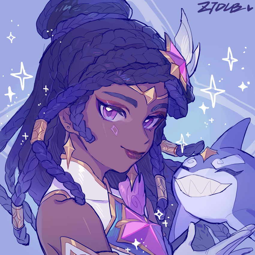 1girl artist_name black_hair closed_mouth dark-skinned_female dark_skin earrings gloves hair_between_eyes hair_ornament highres jewelry league_of_legends long_hair looking_at_viewer official_alternate_costume official_alternate_hairstyle senna_(league_of_legends) simple_background smile solo star_(symbol) star_guardian_(league_of_legends) star_guardian_pet star_guardian_senna upper_body violet_eyes ztdlb