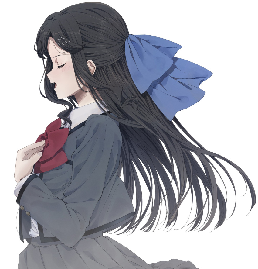 1girl black_hair blue_bow bow bowtie breast_pocket closed_eyes collared_shirt cowboy_shot fingernails floating_hair from_side grey_jacket grey_skirt hair_bow hair_ornament half_updo hand_on_own_chest hand_up highres jacket light_blush long_hair long_sleeves nori_(cheiwbciwkxbdjr) open_clothes open_jacket open_mouth parted_bangs pleated_skirt pocket profile red_bow red_bowtie school_uniform seishou_music_academy_uniform shirt shirt_tucked_in shoujo_kageki_revue_starlight sidelocks simple_background skirt solo standing teeth tendou_maya upper_teeth_only white_background white_shirt x_hair_ornament