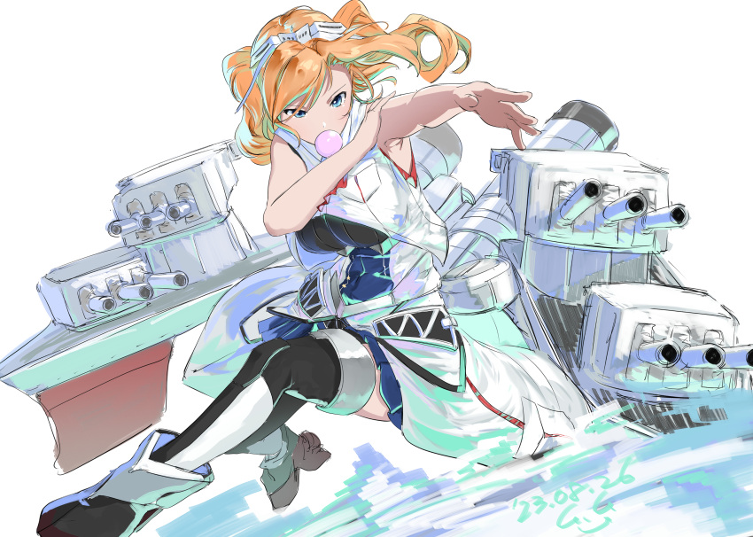 1girl blonde_hair blue_dress blue_eyes breast_pocket breasts bubble_blowing chewing_gum crop_top dress drill_hair gegeron highres honolulu_(kancolle) kantai_collection large_breasts long_hair machinery military_uniform one-hour_drawing_challenge overskirt pleated_dress pocket rudder_footwear simple_background sleeveless sleeveless_jacket solo thigh-highs twin_drills twintails uniform white_background