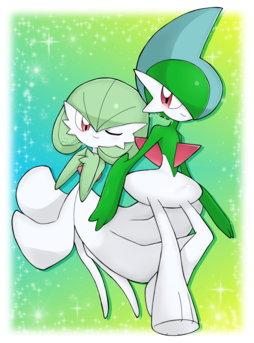 1boy 1girl arms_at_sides artist_name blue_hair blush bob_cut border closed_mouth colored_skin commentary_request drop_shadow full_body gallade gardevoir gradient_background green_background green_hair green_skin hair_between_eyes hair_over_one_eye hands_up happy highres legs light_blush looking_at_another looking_to_the_side meru_(mer_milky77) mohawk multicolored_hair multicolored_skin one_eye_closed one_eye_covered outside_border own_hands_together partial_commentary pokemon pokemon_(creature) red_eyes short_hair signature smile sparkle standing twitter_username two-tone_hair two-tone_skin white_border white_skin