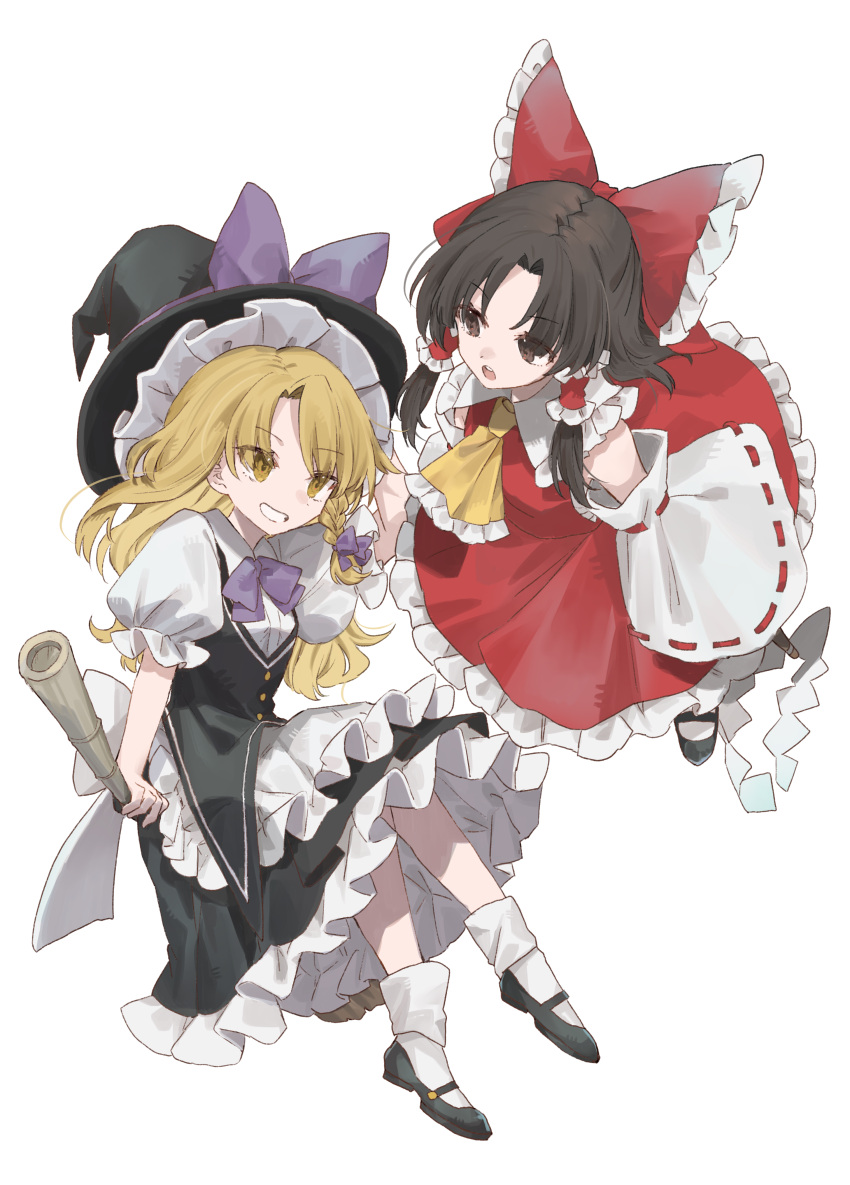 2girls absurdres apron arm_support arm_up ascot bare_shoulders black_headwear black_vest blonde_hair bobby_socks bow bowtie braid breasts broom broom_riding brown_eyes brown_hair chu_(yuzumeno) commentary_request detached_sleeves floating foreshortening frilled_ascot frilled_bow frilled_hair_tubes frilled_shirt_collar frills full_body gohei grin hair_bow hair_ribbon hair_tubes hakurei_reimu hat highres holding holding_broom holding_stick kirisame_marisa long_sleeves looking_at_another mary_janes multiple_girls parted_bangs petticoat puffy_short_sleeves puffy_sleeves purple_bow purple_bowtie red_bow red_skirt red_vest ribbon ribbon-trimmed_sleeves ribbon_trim shoes short_sleeves sidelocks single_braid skirt skirt_set small_breasts smile socks stick touhou tress_ribbon vest waist_apron wide_sleeves wing_collar witch_hat yellow_ascot yellow_eyes