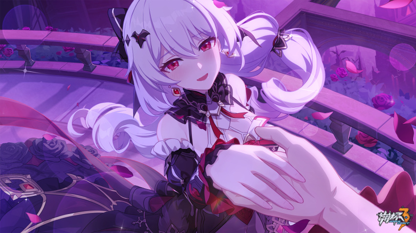 1boy 1girl black_dress captain_(honkai_impact) castle chinese_commentary dress earrings flower hetero highres holding_hands honkai_(series) honkai_impact_3rd jewelry light_blush logo long_hair looking_at_viewer official_art official_wallpaper open_mouth outdoors plant pov red_flower red_rose rose smile solo_focus theresa_apocalypse twintails upper_body white_hair