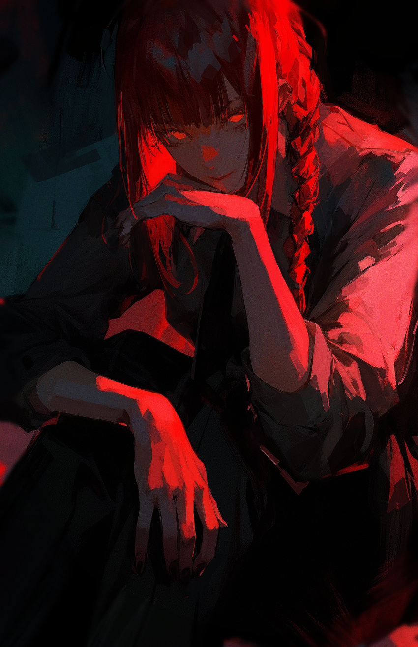 1girl 96yottea absurdres black_nails black_pants blunt_bangs braid chainsaw_man closed_mouth collared_shirt dark dark_background expressionless fingernails hand_on_own_chin hand_on_own_knee highres long_hair looking_at_viewer makima_(chainsaw_man) nail_polish pants red_eyes redhead ringed_eyes shirt sidelocks single_braid sleeves_rolled_up solo