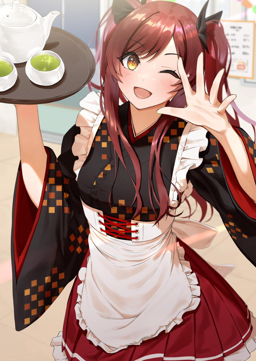 1girl absurdres alternate_hairstyle apron black_kimono blush checkered_clothes checkered_kimono cup frilled_apron frills hair_ribbon hand_up highres holding holding_tray idolmaster idolmaster_shiny_colors indoors japanese_clothes kaiso_(kaisooekaki) kimono kimono_skirt long_hair long_sleeves looking_at_viewer one_eye_closed open_mouth osaki_amana pleated_skirt red_skirt redhead ribbon skirt smile solo standing swept_bangs teacup teapot tray twintails waitress white_apron wide_sleeves yellow_eyes