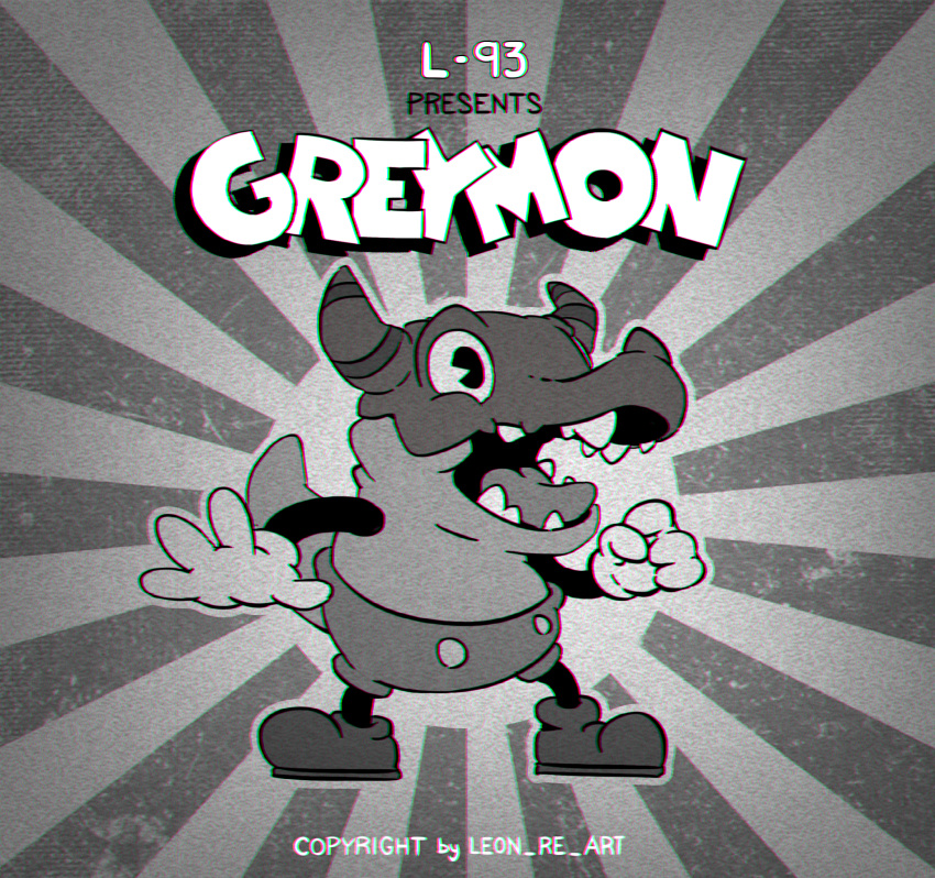 :d alternate_costume artist_name character_name digimon digimon_(creature) gloves greymon greyscale highres horns leon_re_art monochrome no_humans open_mouth parody shoes shorts smile standing style_parody tail tongue