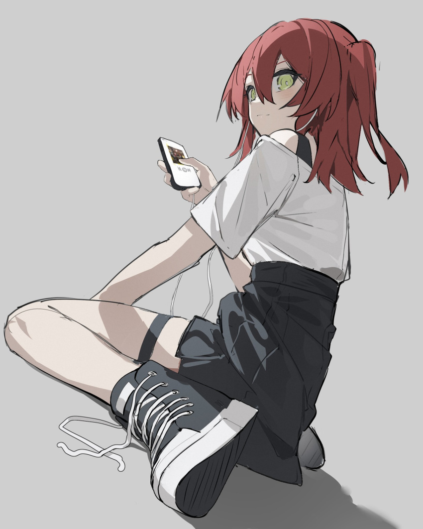 1girl black_footwear black_skirt bocchi_the_rock! cellphone closed_mouth full_body green_eyes grey_background hair_between_eyes highres holding holding_phone kita_ikuyo long_hair looking_at_viewer one_side_up phone pleated_skirt qtian redhead shirt shoes short_sleeves simple_background sitting skirt smartphone smile sneakers solo thigh_strap wariza white_shirt