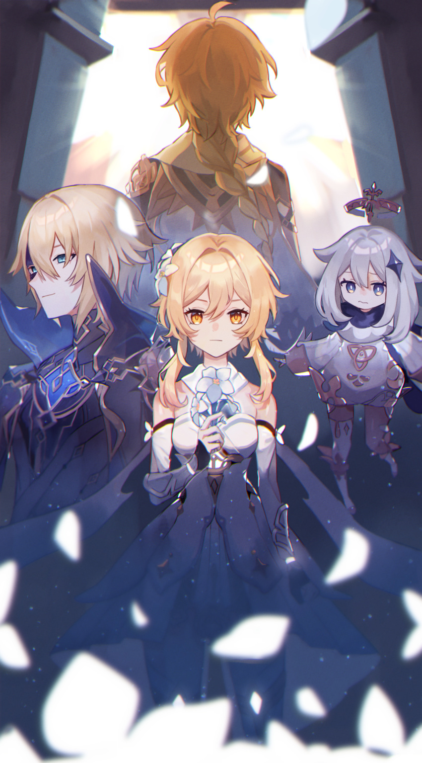 2boys 2girls absurdres aether_(genshin_impact) ahoge arm_armor back bare_shoulders black_cape black_gloves black_mask black_shirt blonde_hair blue_cape blue_eyes blue_flower braid breasts brown_shirt cape closed_mouth crystal_hair_ornament dainsleif_(genshin_impact) detached_sleeves dress feather_hair_ornament feathers fingerless_gloves flower flying genshin_impact gloves grey_hair hair_between_eyes hair_flower hair_ornament halo hand_up highres holding holding_flower kino_(m6t2a) long_hair long_sleeves looking_at_viewer lumine_(genshin_impact) mask mechanical_halo medium_breasts multiple_boys multiple_girls orange_eyes paimon_(genshin_impact) petals puffy_long_sleeves puffy_sleeves purple_scarf scarf shirt short_hair short_hair_with_long_locks short_sleeves sidelocks smile standing star_(symbol) two-sided_cape two-sided_fabric white_dress white_flower white_scarf