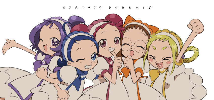 &gt;_&lt; 5girls :d arm_up asuka_momoko blonde_hair blue_eyes blue_hair blush brown_hair closed_eyes color_coordination commentary_request copyright_name double_bun dress finger_to_mouth fujiwara_hazuki glasses grin hair_bun hair_rings hairband hand_up harukaze_doremi highres long_hair looking_at_viewer multiple_girls ojamajo_doremi one_eye_closed one_side_up open_mouth outstretched_arm pink_eyes pink_hair puffy_short_sleeves puffy_sleeves purple_hair round_eyewear segawa_onpu senoo_aiko short_bangs short_hair short_sleeves simple_background smile teruya_(6w6y) v-shaped_eyebrows violet_eyes white_background white_dress white_hairband